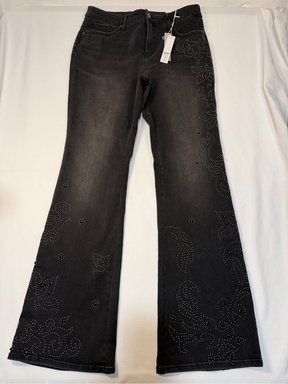 Chico's W8 Dark Mist Wash Boot Leg Flare with Studded Scroll Detail Jeans NWT